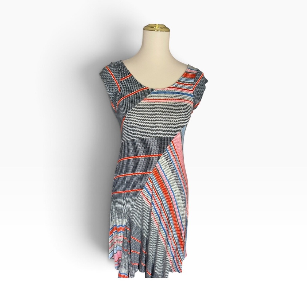 Premise Dress S Digital Stripe Rayon Stretch Asymmetrical Handkerchief Hem